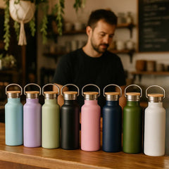 Fair Botella Térmica Camping de acero inoxidable con tapa de bambú 500ML (Medio Litro) SIN LOGO