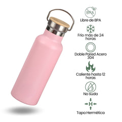 Fair Botella Térmica Camping de acero inoxidable con tapa de bambú 500ML (Medio Litro) SIN LOGO