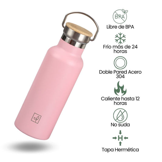 Fair Botella Térmica Camping de acero inoxidable con tapa de bambú 500ML (Medio Litro)