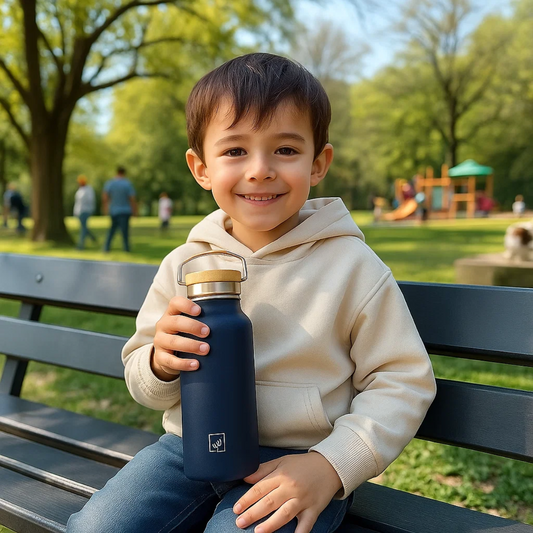 Fair Botella Térmica Camping de Acero Inoxidable con Tapa de Bambú 350ML AZUL MARINO