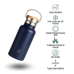 Fair Botella Térmica Camping de Acero Inoxidable con Tapa de Bambú 350ML AZUL MARINO