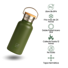 Fair Botella Térmica Camping de Acero Inoxidable con Tapa de Bambú 350ML VERDE OLIVA
