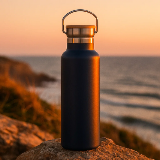 Fair Botella Térmica Camping de acero inoxidable con tapa de bambú 500ML AZUL MARINO(Medio Litro)