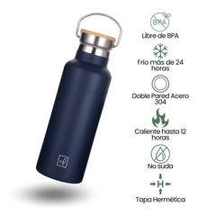 Fair Botella Térmica Camping de acero inoxidable con tapa de bambú 500ML AZUL MARINO(Medio Litro)