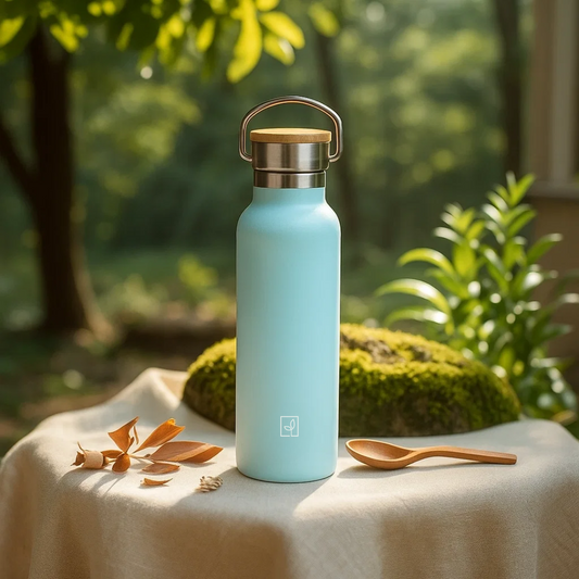 Fair Botella Térmica Camping de acero inoxidable con tapa de bambú 500ML CELESTE (Medio Litro)