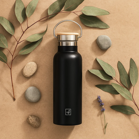 Fair Botella Térmica Camping de acero inoxidable con tapa de bambú 500ML NEGRO (Medio Litro)