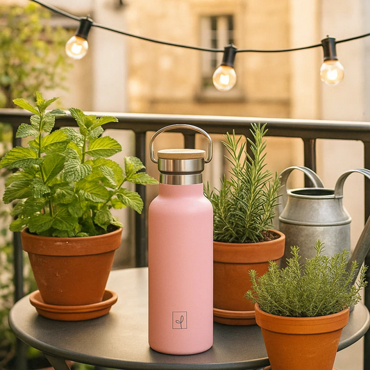 Fair Botella Térmica Camping de acero inoxidable con tapa de bambú 500ML ROSADO (Medio Litro)