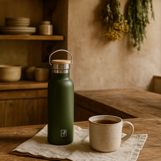 Fair Botella Térmica Camping de acero inoxidable con tapa de bambú 500ML VERDE OLIVA (Medio Litro)