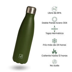 Fair Botella Cola Térmica de Acero Inoxidable 500ML VERDE OLIVA (Medio litro)