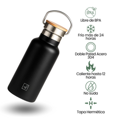 Fair Botella Térmica Camping de Acero Inoxidable con Tapa de Bambú 350ML NEGRO
