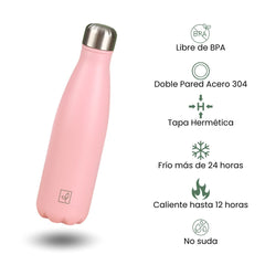 Fair Botella Cola Térmica de Acero Inoxidable 500ML ROSADA (Medio litro)