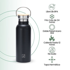 Fair Botella Térmica Camping de acero inoxidable con tapa de bambú 500ML (Medio Litro)