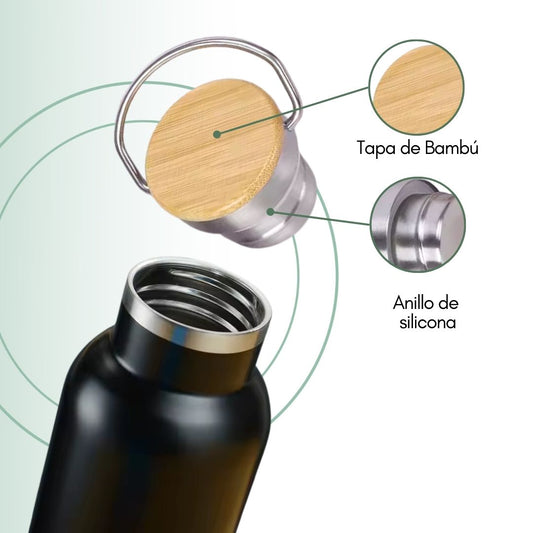 Fair Botella Térmica Camping de Acero Inoxidable con Tapa de Bambú 350ML SIN LOGO 1080