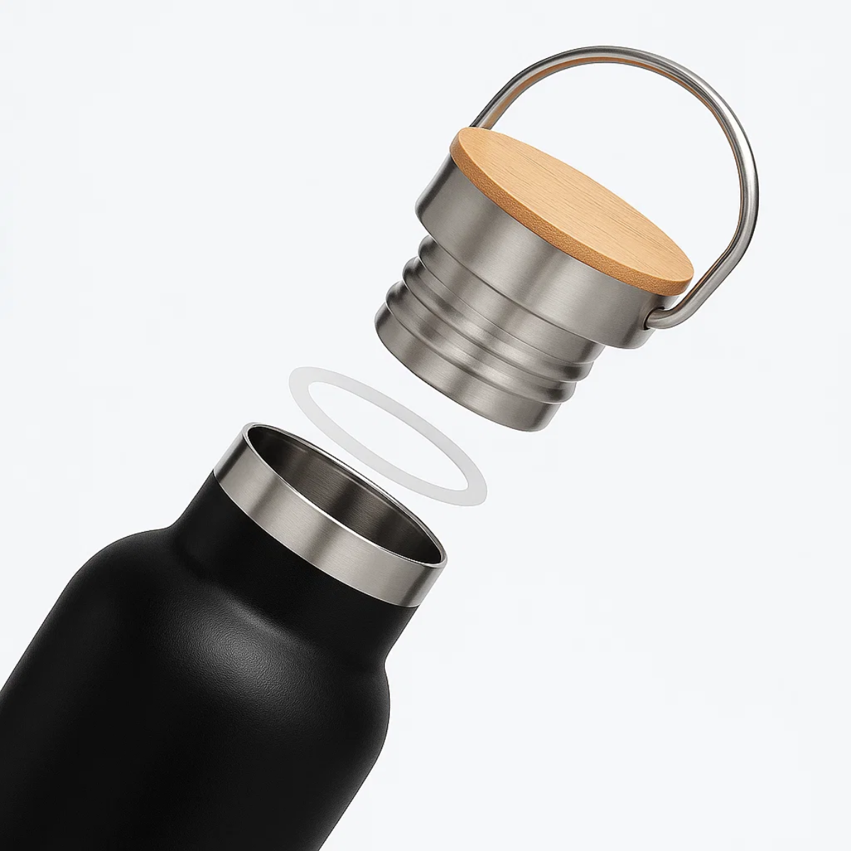 Fair Botella Térmica Camping de Acero Inoxidable con Tapa de Bambú 350ML NEGRO
