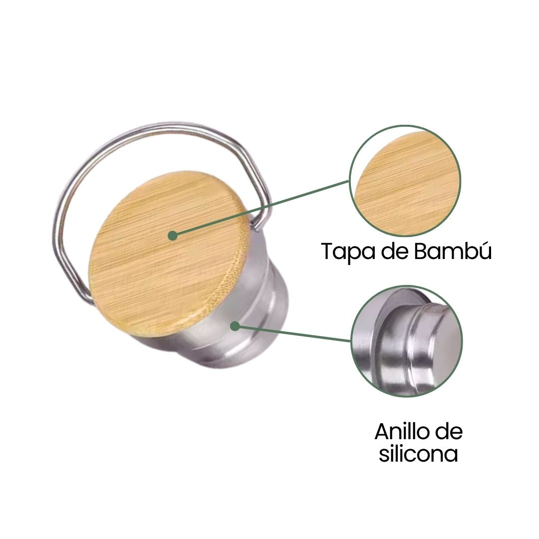 Fair Botella Térmica Camping de acero inoxidable con tapa de bambú 500ML (Medio Litro)