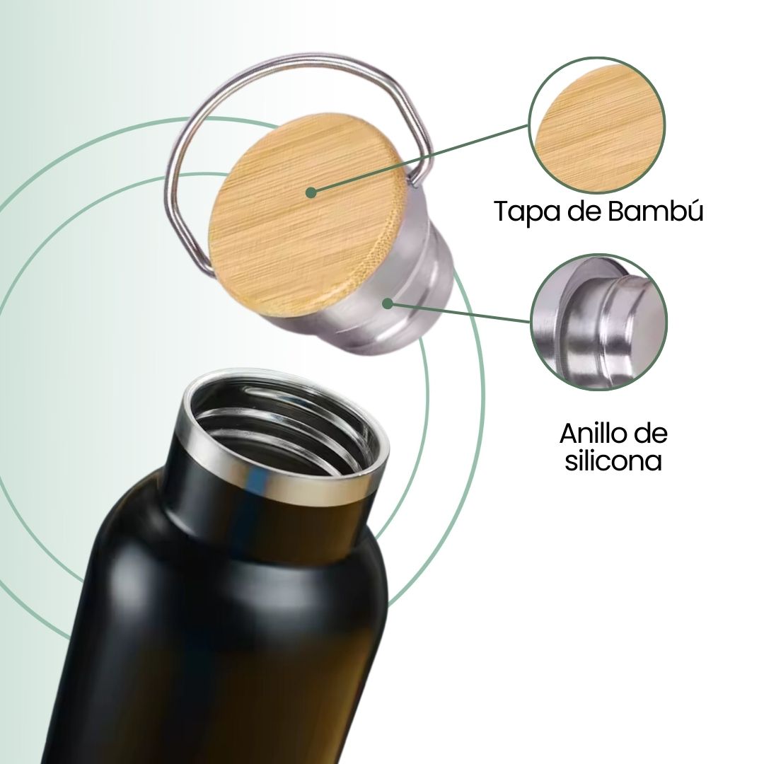 Fair Botella Térmica Camping de acero inoxidable con tapa de bambú 500ML (Medio Litro)
