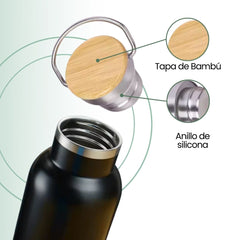 Fair Botella Térmica Camping de acero inoxidable con tapa de bambú 500ML (Medio Litro)