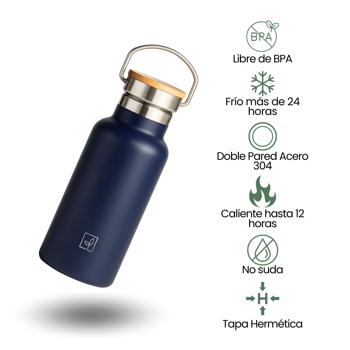 Fair Botella Térmica Camping de Acero Inoxidable con Tapa de Bambú 350ML AZUL MARINO