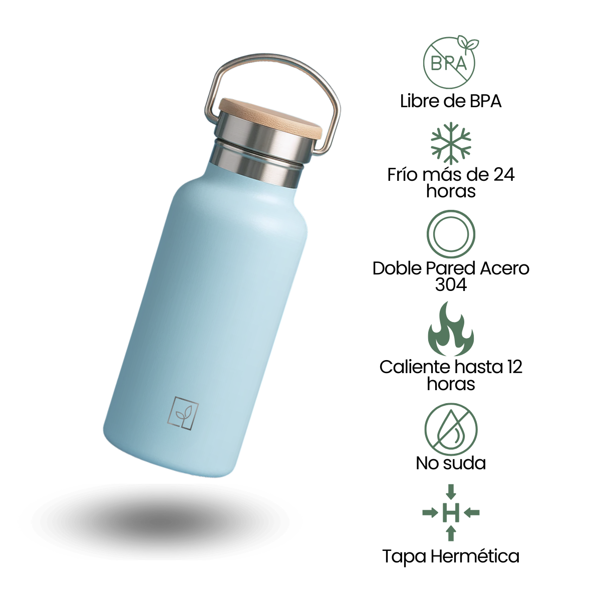 Fair Botella Térmica Camping de Acero Inoxidable con Tapa de Bambú 350ML CELESTE