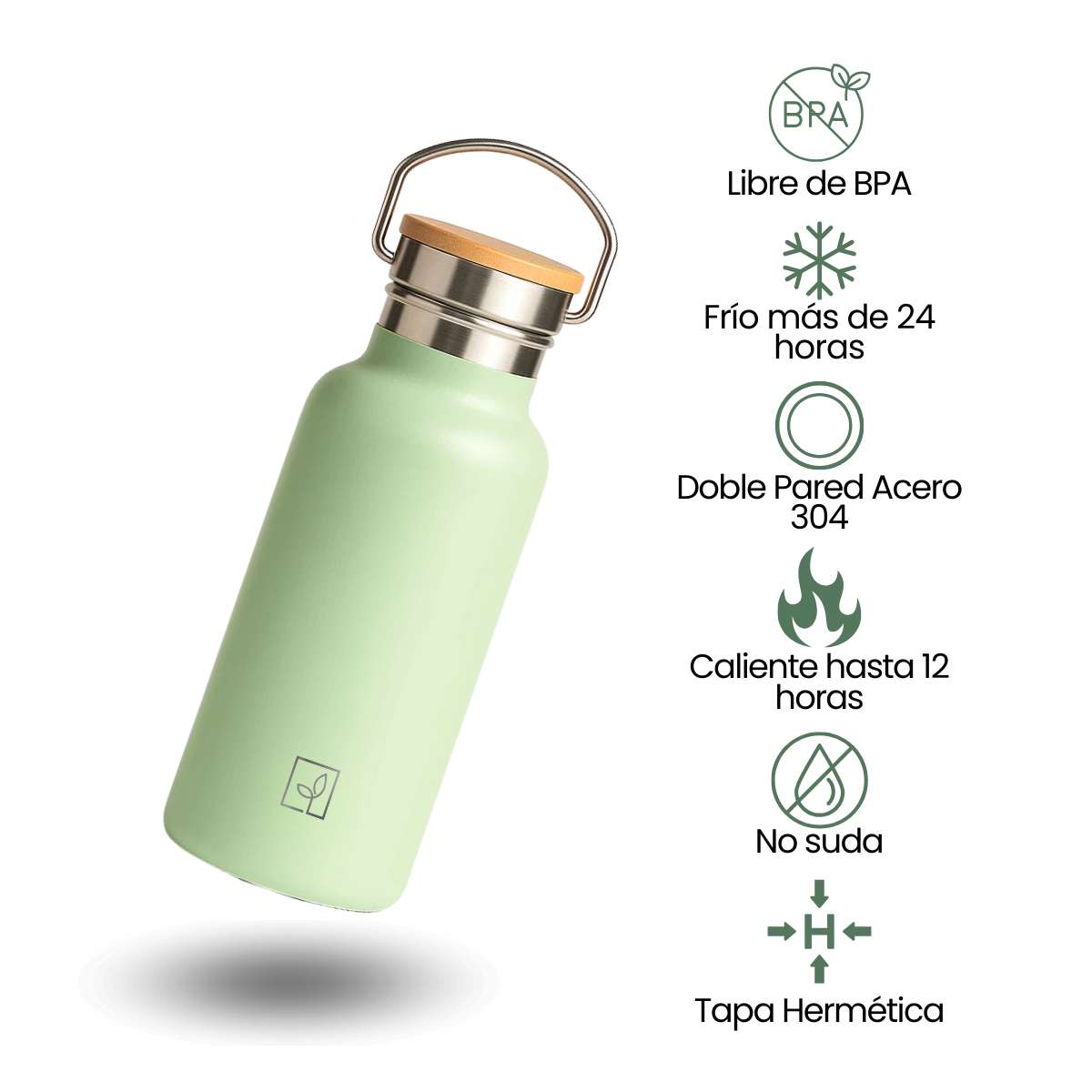 Fair Botella Térmica Camping de Acero Inoxidable con Tapa de Bambú 350ML MENTA