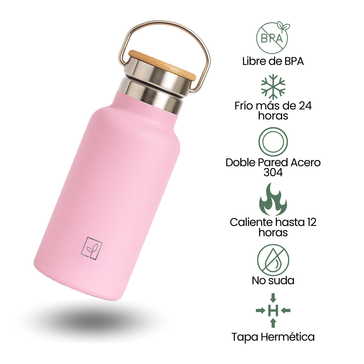 Fair Botella Térmica Camping de Acero Inoxidable con Tapa de Bambú 350ML ROSADO