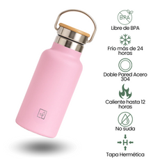 Fair Botella Térmica Camping de Acero Inoxidable con Tapa de Bambú 350ML ROSADO
