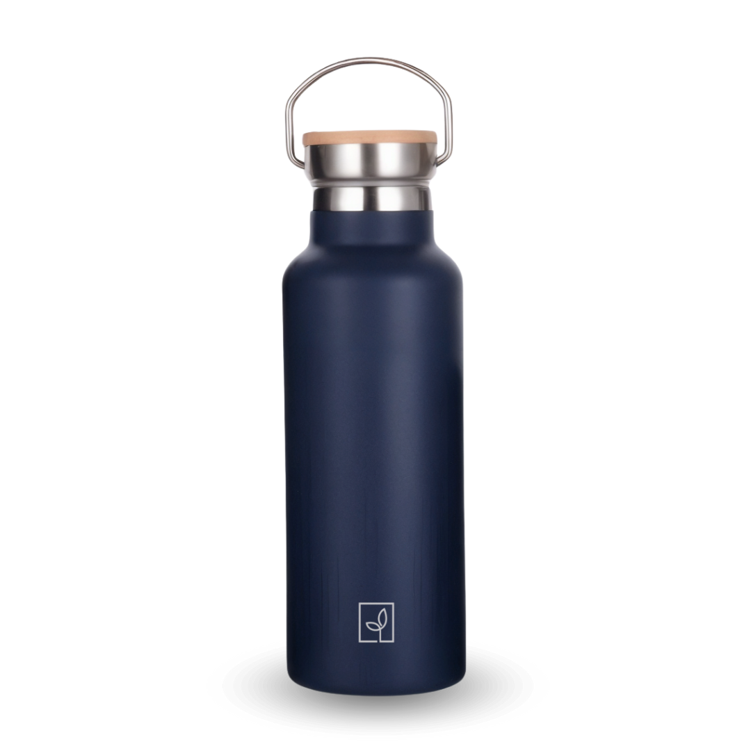 Fair Botella Térmica Camping de acero inoxidable con tapa de bambú 500ML AZUL MARINO(Medio Litro)