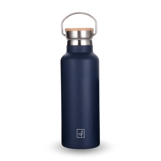 Fair Botella Térmica Camping de acero inoxidable con tapa de bambú 500ML AZUL MARINO(Medio Litro)