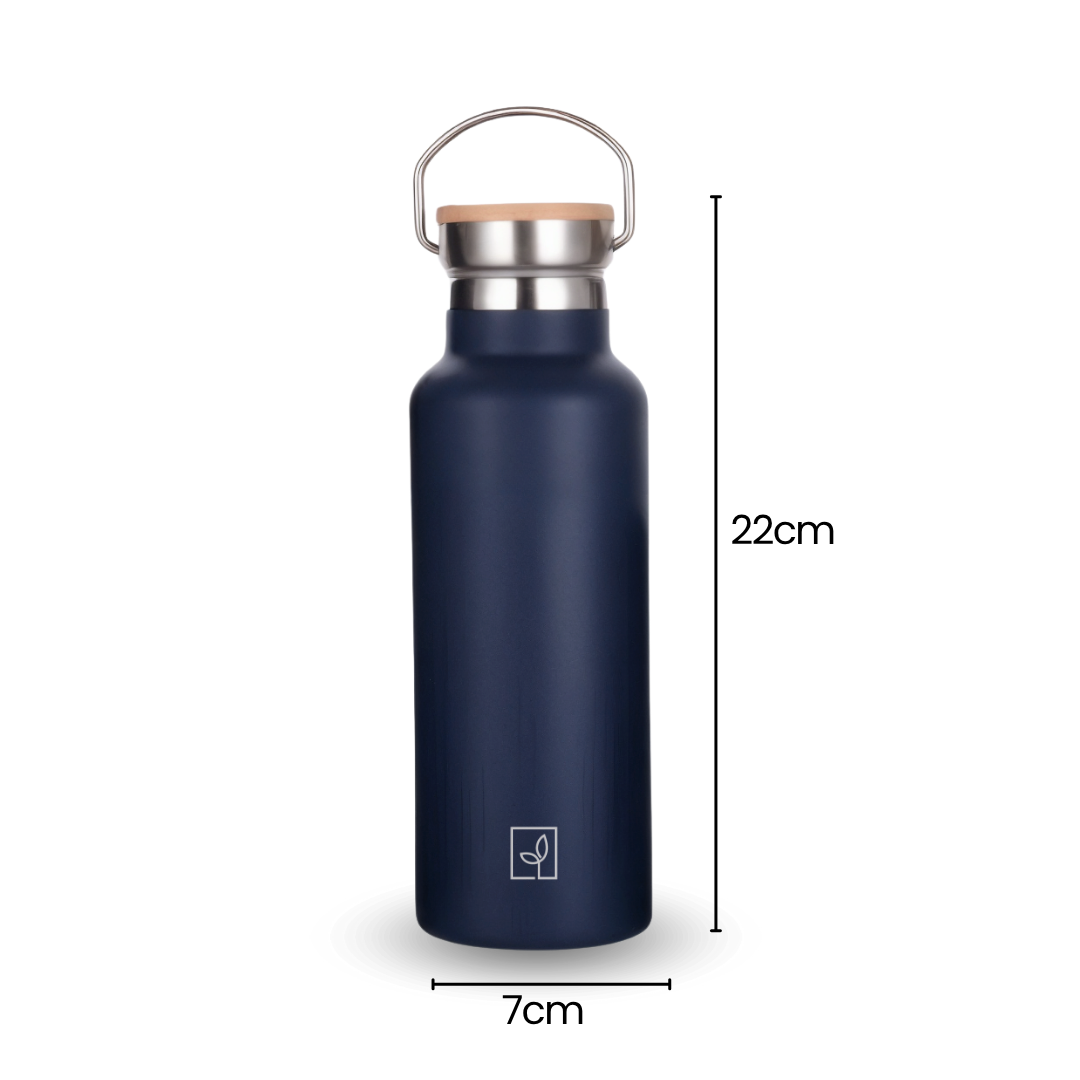 Fair Botella Térmica Camping de acero inoxidable con tapa de bambú 500ML AZUL MARINO(Medio Litro)
