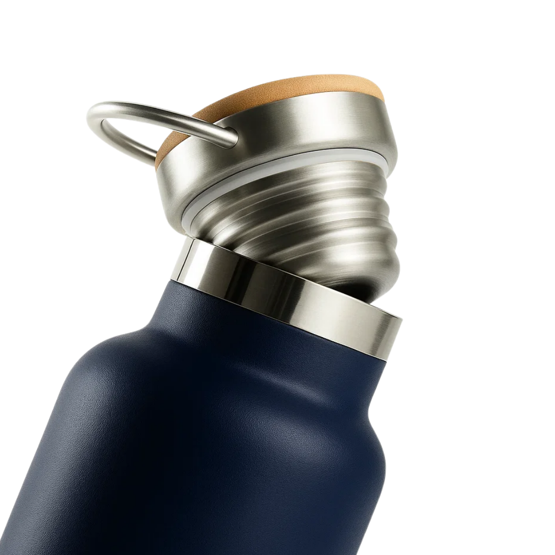 Fair Botella Térmica Camping de acero inoxidable con tapa de bambú 500ML AZUL MARINO(Medio Litro)