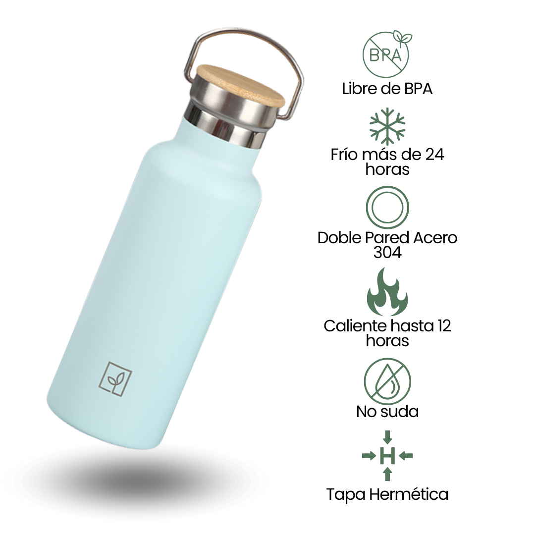 Fair Botella Térmica Camping de acero inoxidable con tapa de bambú 500ML CELESTE (Medio Litro)