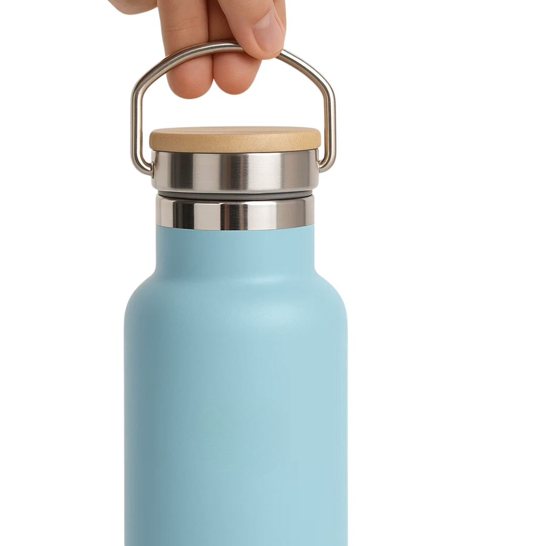 Fair Botella Térmica Camping de acero inoxidable con tapa de bambú 500ML CELESTE (Medio Litro)