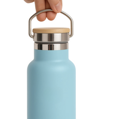 Fair Botella Térmica Camping de acero inoxidable con tapa de bambú 500ML CELESTE (Medio Litro)