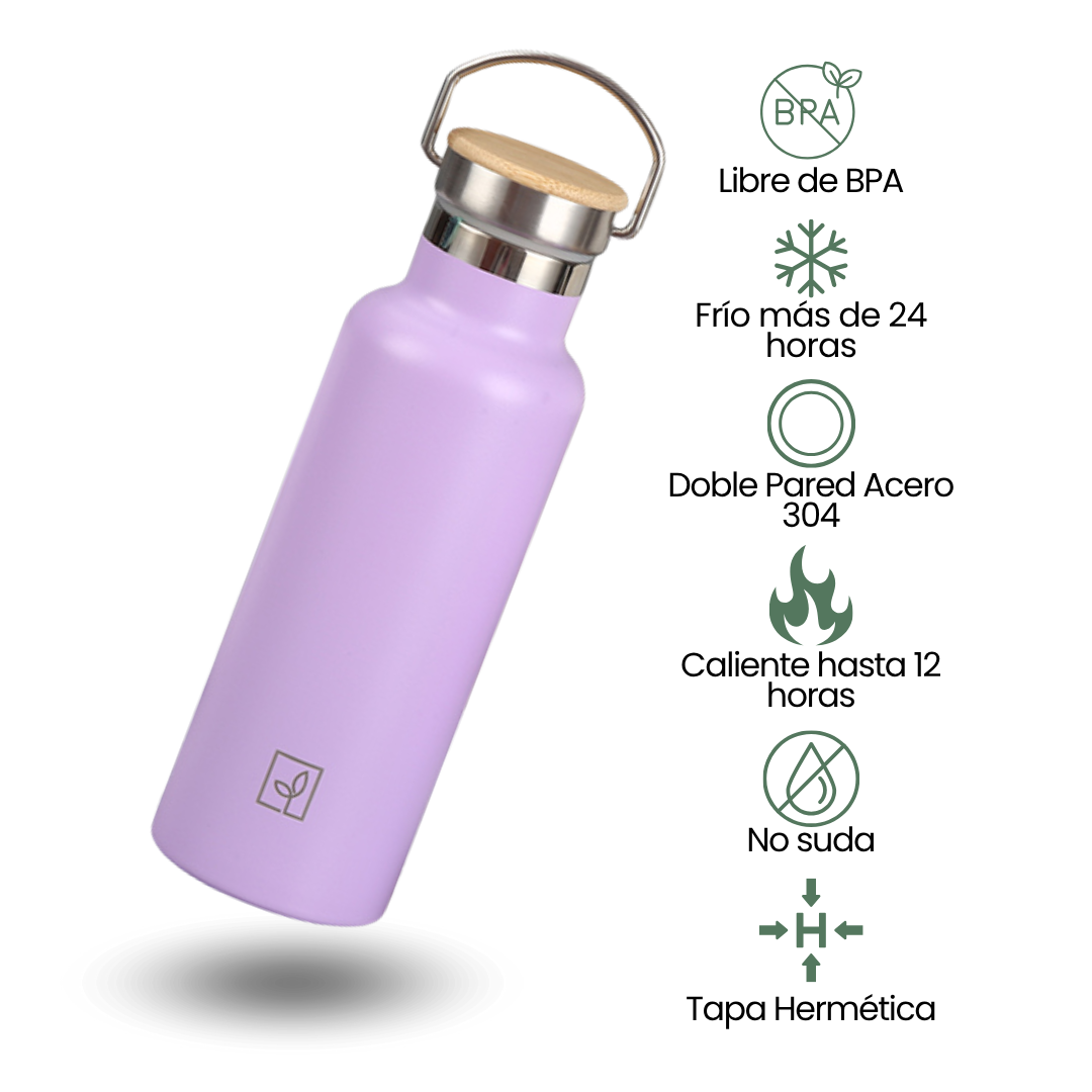 Fair Botella Térmica Camping de acero inoxidable con tapa de bambú 500ML LILA (Medio Litro)