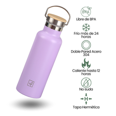 Fair Botella Térmica Camping de acero inoxidable con tapa de bambú 500ML LILA (Medio Litro)