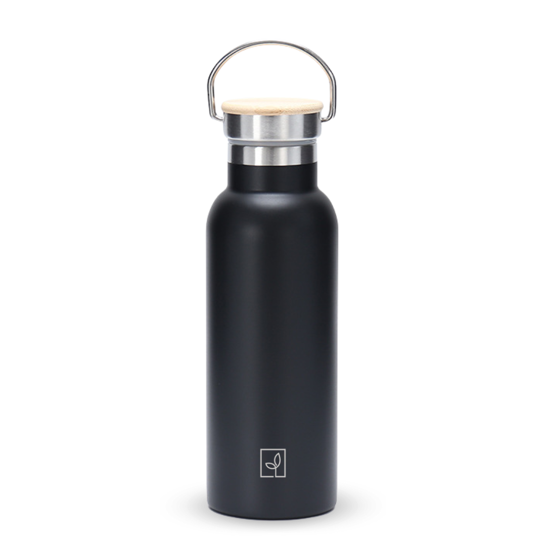 Fair Botella Térmica Camping de acero inoxidable con tapa de bambú 500ML NEGRO (Medio Litro)