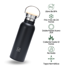 Fair Botella Térmica Camping de acero inoxidable con tapa de bambú 500ML NEGRO (Medio Litro)