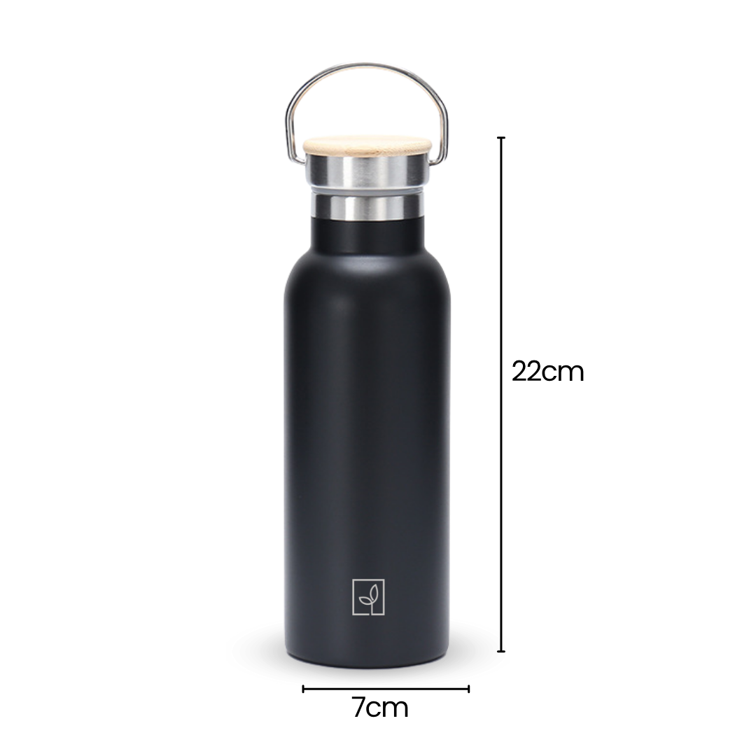Fair Botella Térmica Camping de acero inoxidable con tapa de bambú 500ML NEGRO (Medio Litro)