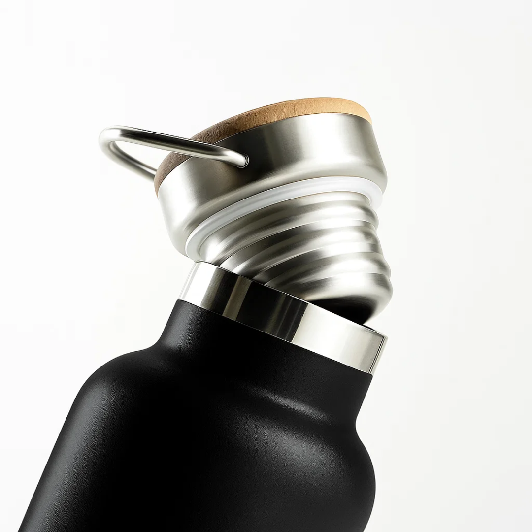 Fair Botella Térmica Camping de acero inoxidable con tapa de bambú 500ML NEGRO (Medio Litro)