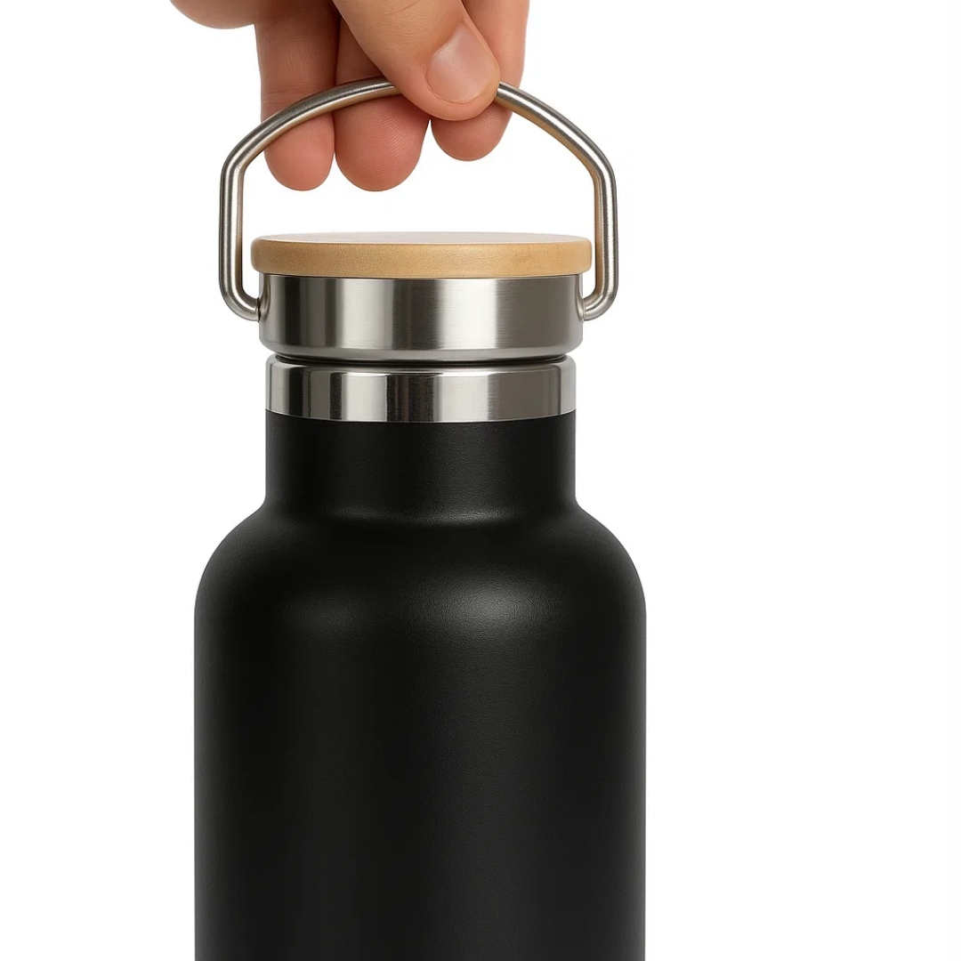 Fair Botella Térmica Camping de acero inoxidable con tapa de bambú 500ML NEGRO (Medio Litro)
