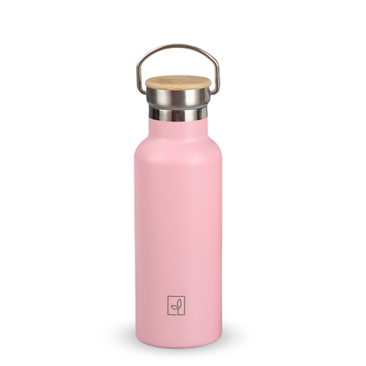 Fair Botella Térmica Camping de acero inoxidable con tapa de bambú 500ML ROSADO (Medio Litro)