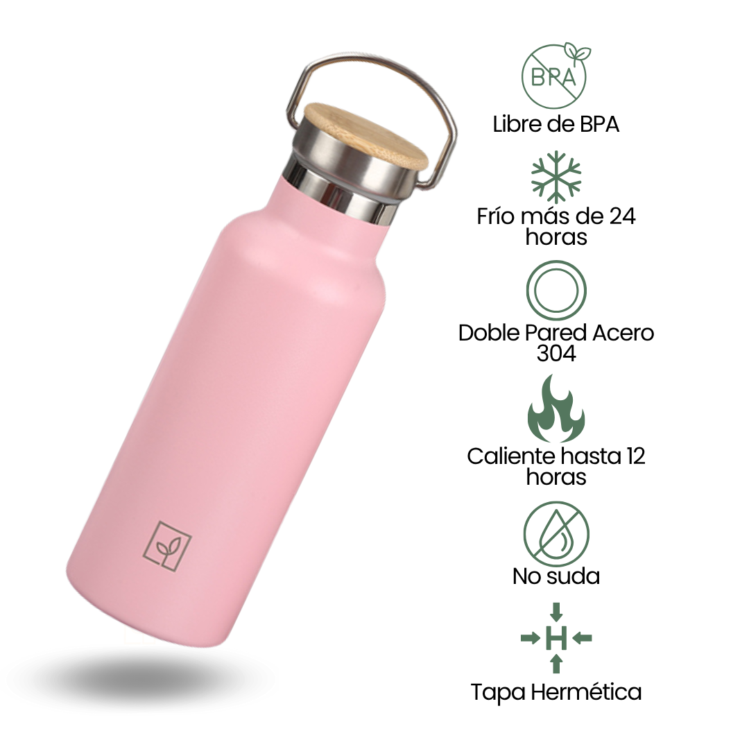 Fair Botella Térmica Camping de acero inoxidable con tapa de bambú 500ML ROSADO (Medio Litro)