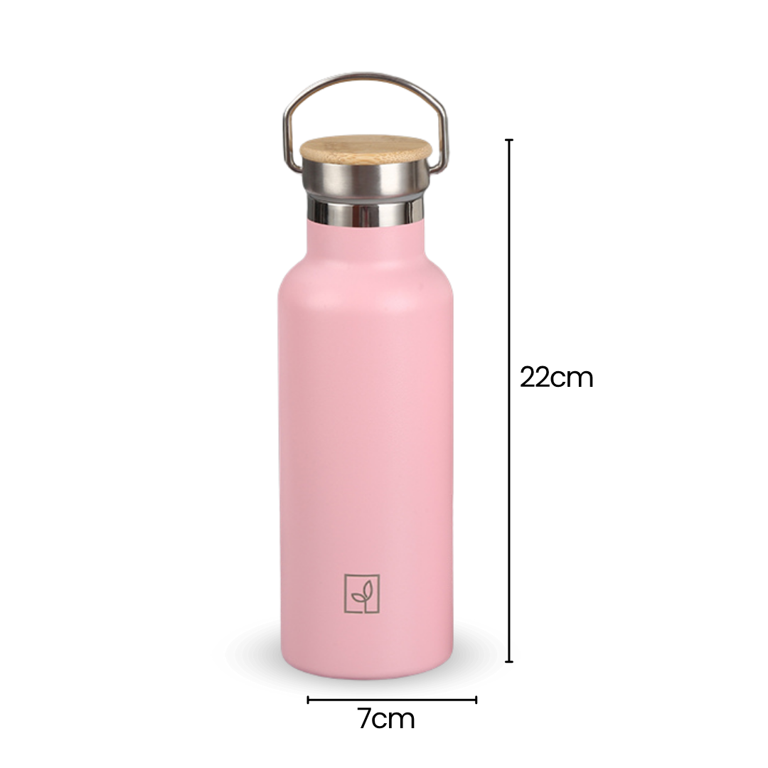 Fair Botella Térmica Camping de acero inoxidable con tapa de bambú 500ML ROSADO (Medio Litro)