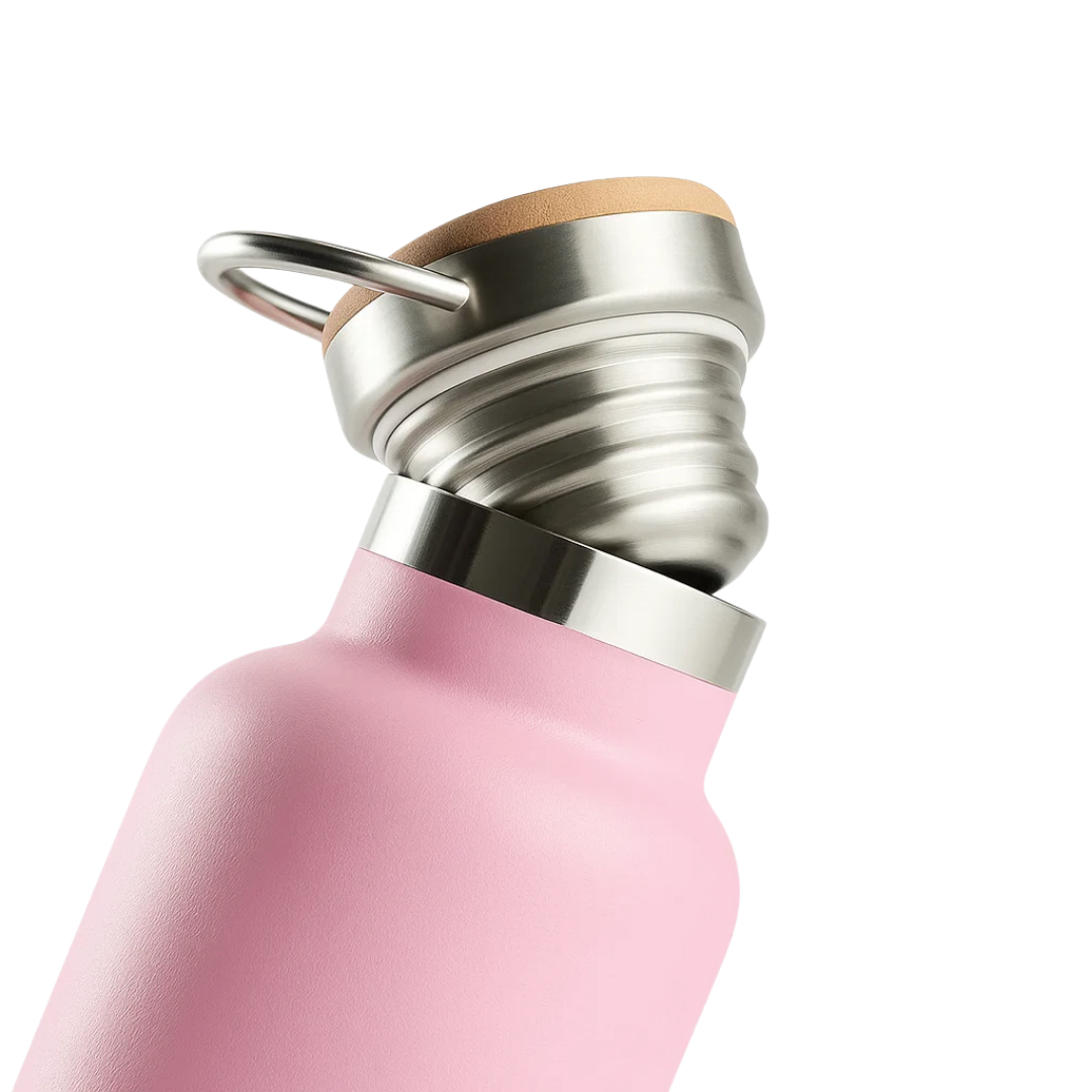Fair Botella Térmica Camping de acero inoxidable con tapa de bambú 500ML ROSADO (Medio Litro)