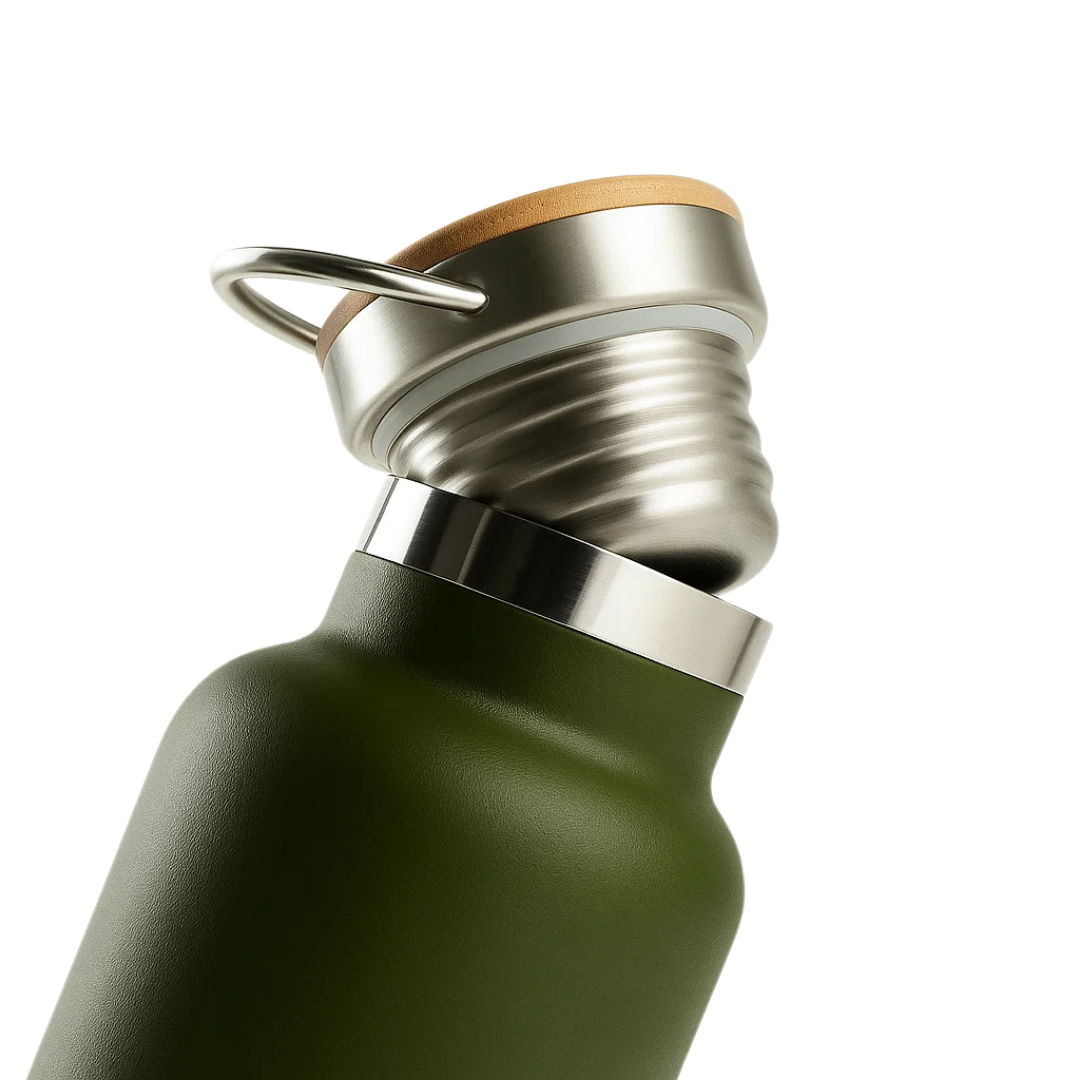 Fair Botella Térmica Camping de acero inoxidable con tapa de bambú 500ML VERDE OLIVA (Medio Litro)
