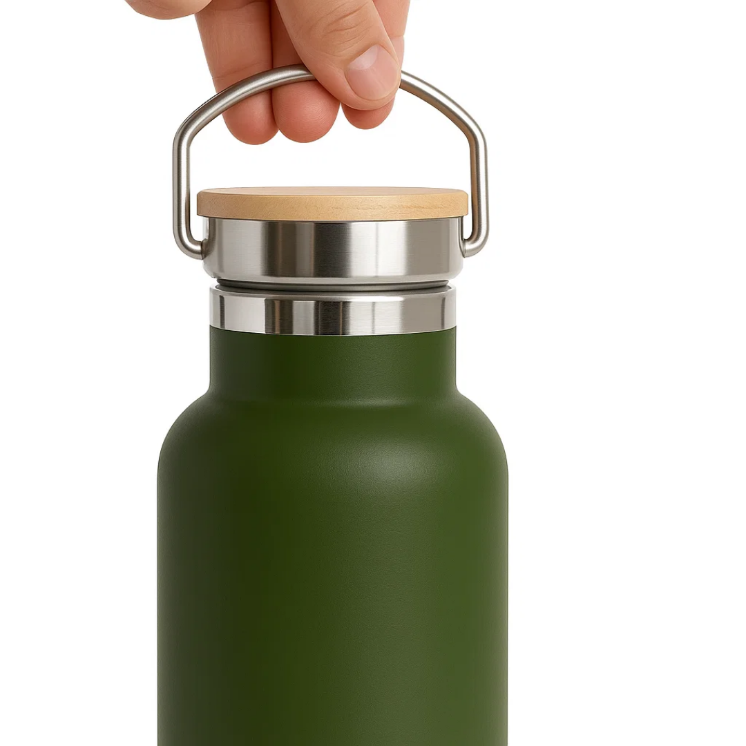 Fair Botella Térmica Camping de acero inoxidable con tapa de bambú 500ML VERDE OLIVA (Medio Litro)