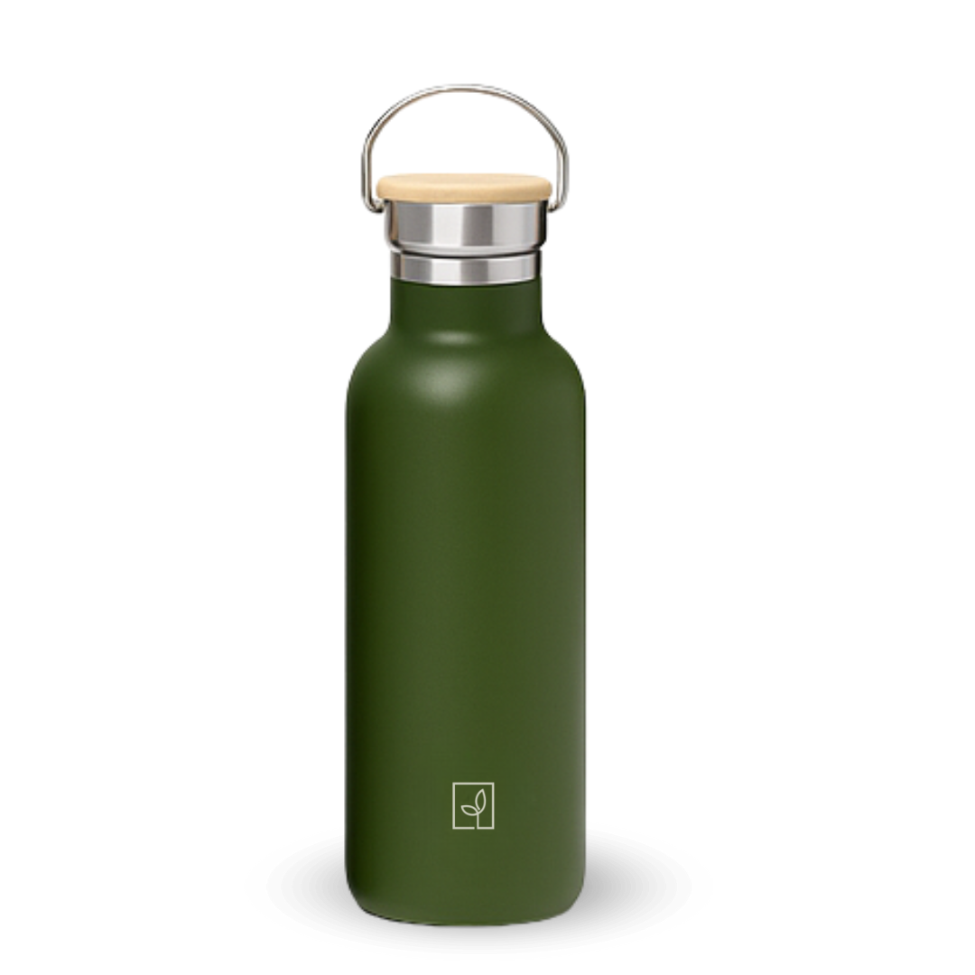 Fair Botella Térmica Camping de acero inoxidable con tapa de bambú 500ML VERDE OLIVA (Medio Litro)