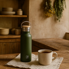 Fair Botella Térmica Camping de acero inoxidable con tapa de bambú 500ML VERDE OLIVA (Medio Litro)