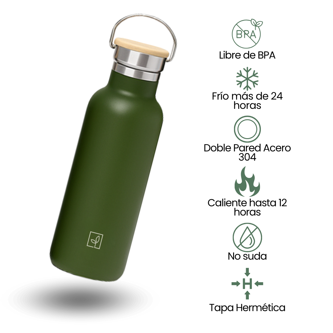 Fair Botella Térmica Camping de acero inoxidable con tapa de bambú 500ML VERDE OLIVA (Medio Litro)
