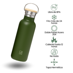 Fair Botella Térmica Camping de acero inoxidable con tapa de bambú 500ML VERDE OLIVA (Medio Litro)